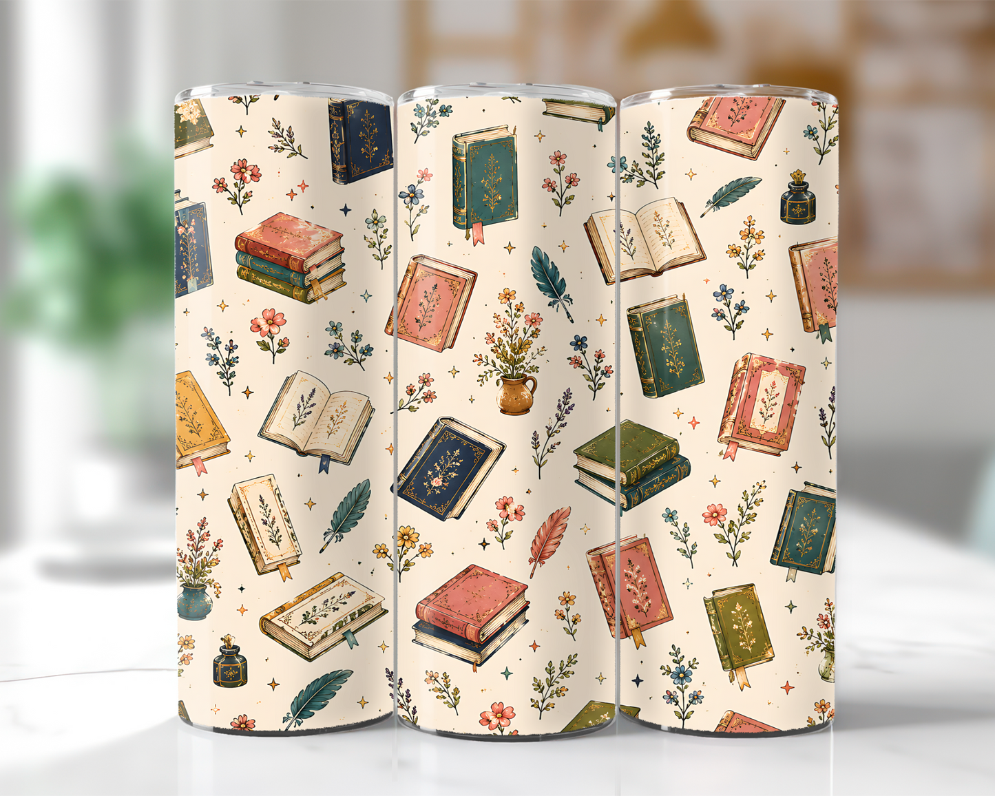 Vintage Books & Botanicals 20 oz stainless steel tumbler wrap mockup