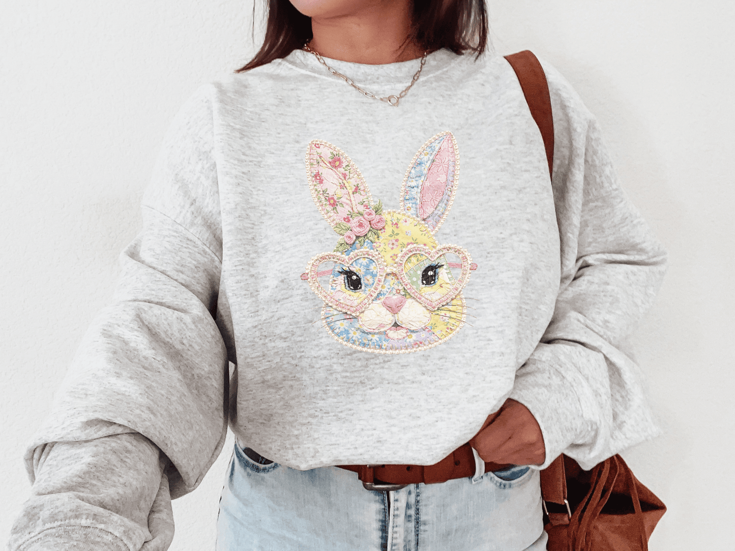 Patchwork Bunny with Heart Glasses Graphic Sweatshirt