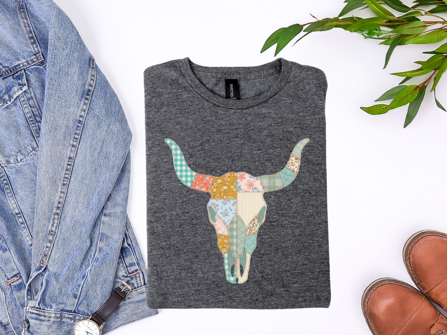 Patchwork Steer Skull Graphic Tee