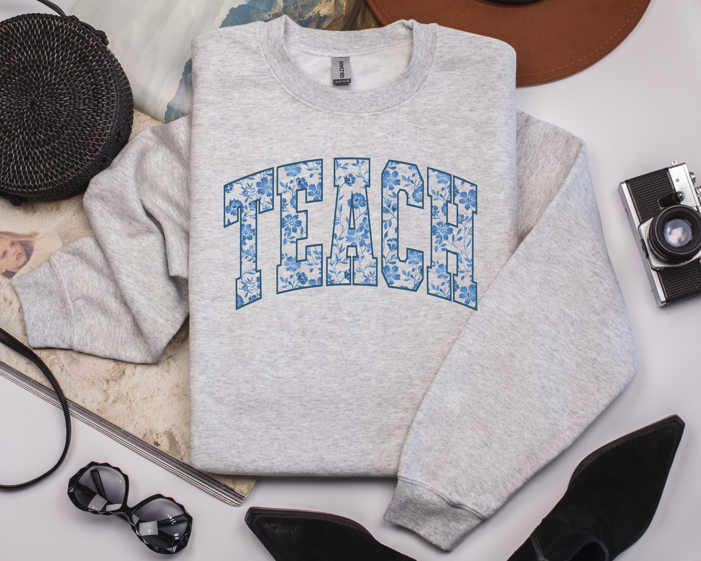 Blue Floral Varsity Teach Graphic Sweatshirt