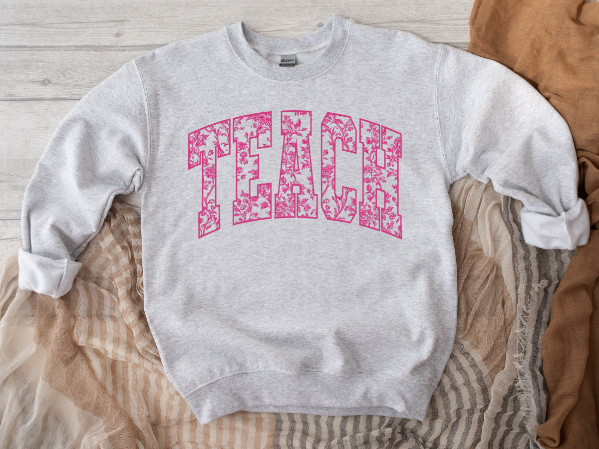 Pink Floral Varsity Teach Graphic Sweatshirt