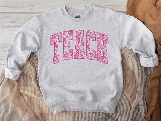 Pink Floral Varsity Teach Graphic Sweatshirt