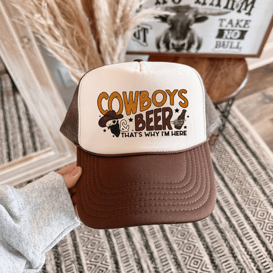 Cowboys Beer thats why I’m Here trucker hat