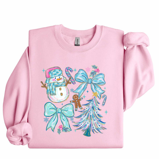 Whimsical Snowman & Bows Graphic Sweatshirt