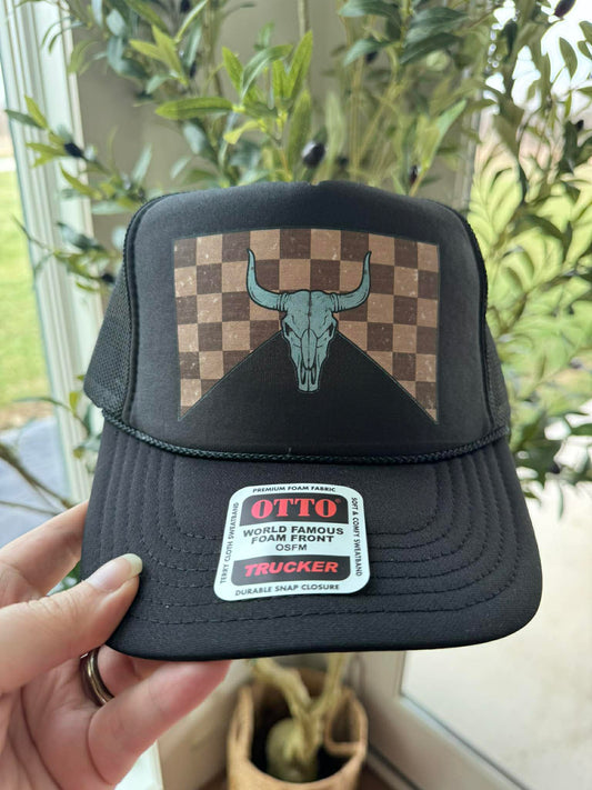 Checkered Flag Turquoise Steer Western Trucker Hat