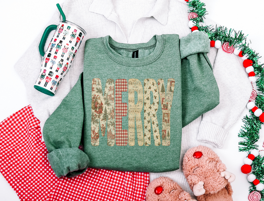 Merry Patchwork Christmas Graphic Sweatshirt