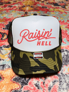 Raisin Hell Camo trucker hat