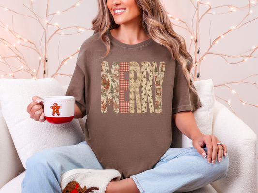 Merry patchwork Christmas Graphic Tee