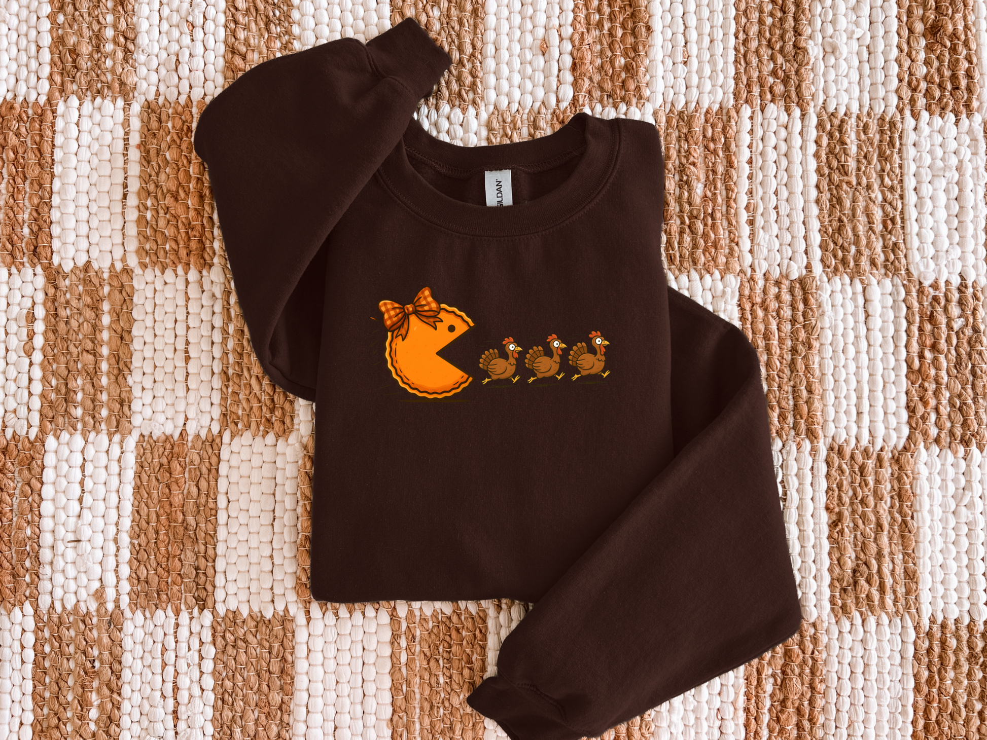 Chocolate brown pumpkin pie and turkeys graphic crewneck