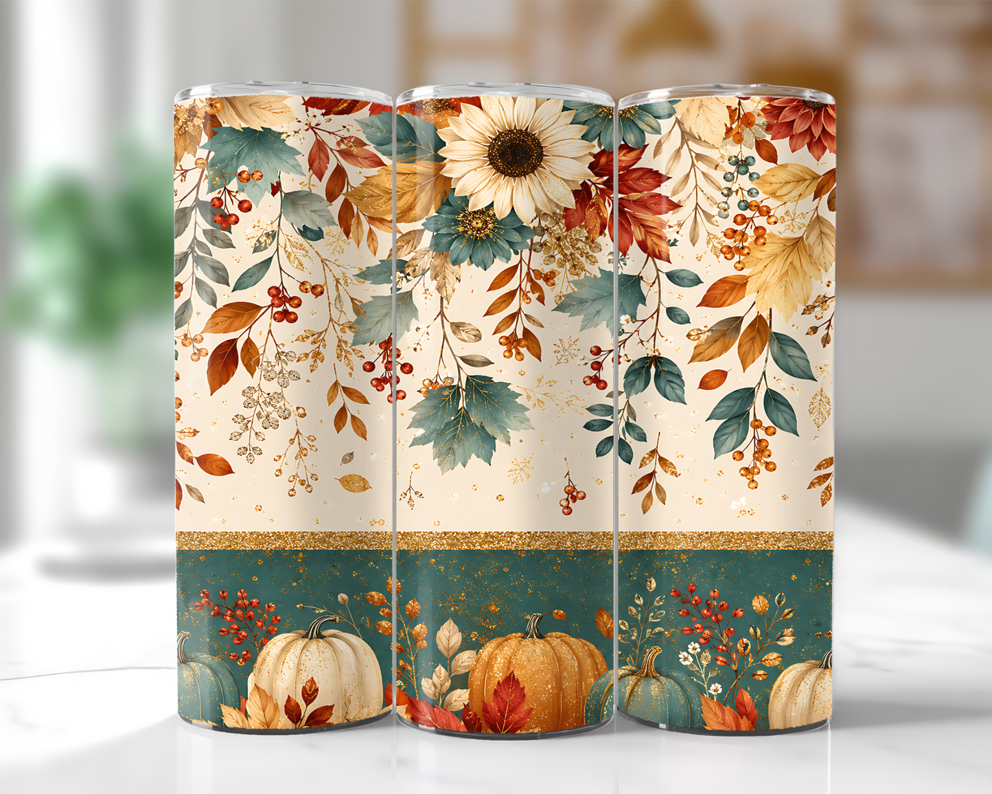 Autumn Sunflower & Pumpkin 20 oz stainless steel tumbler wrap mockup