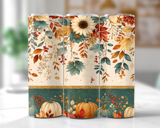 Autumn Sunflower & Pumpkin 20 oz stainless steel tumbler wrap mockup