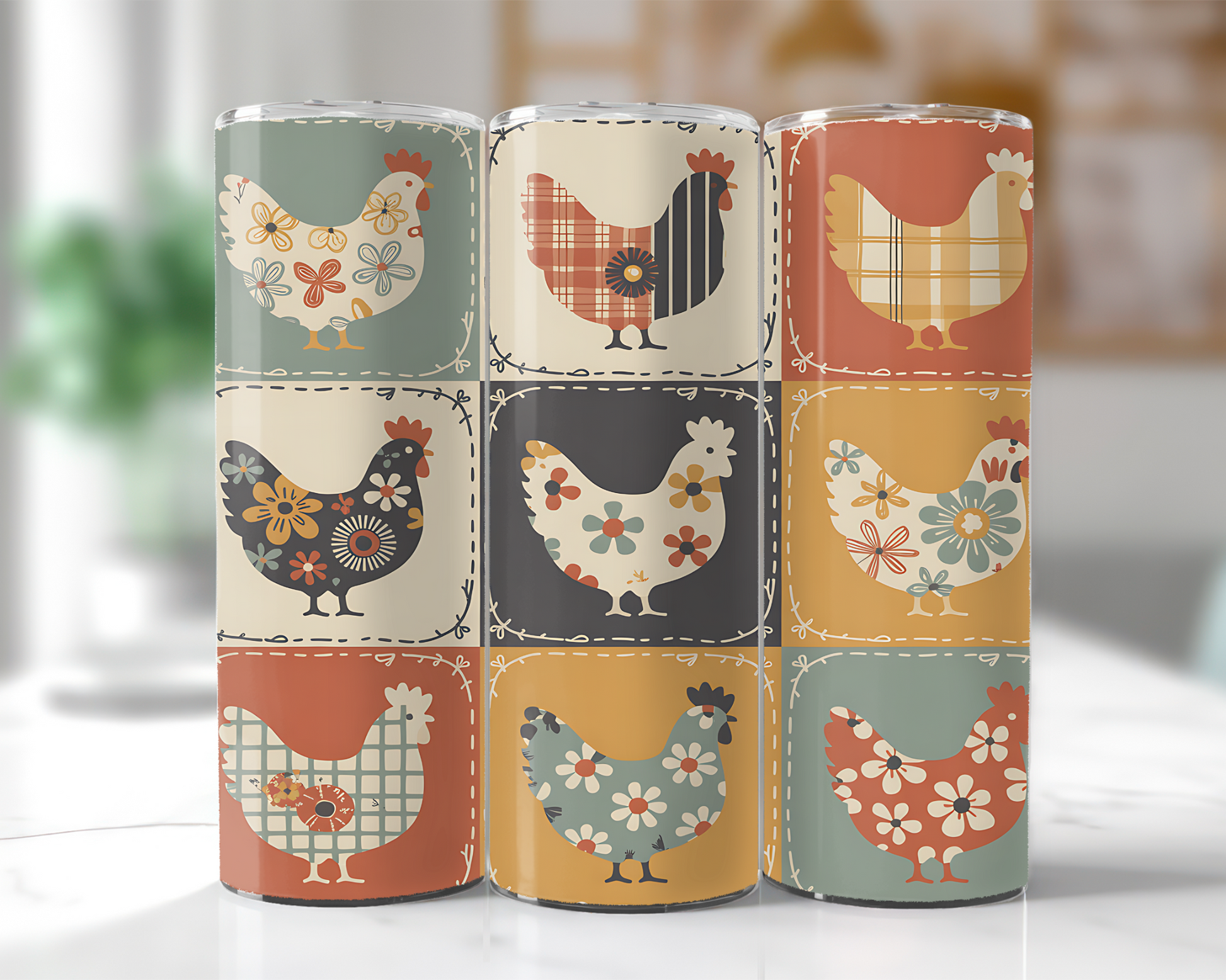 Patchwork Chickens 20 oz stainless steel tumbler wrap mockup
