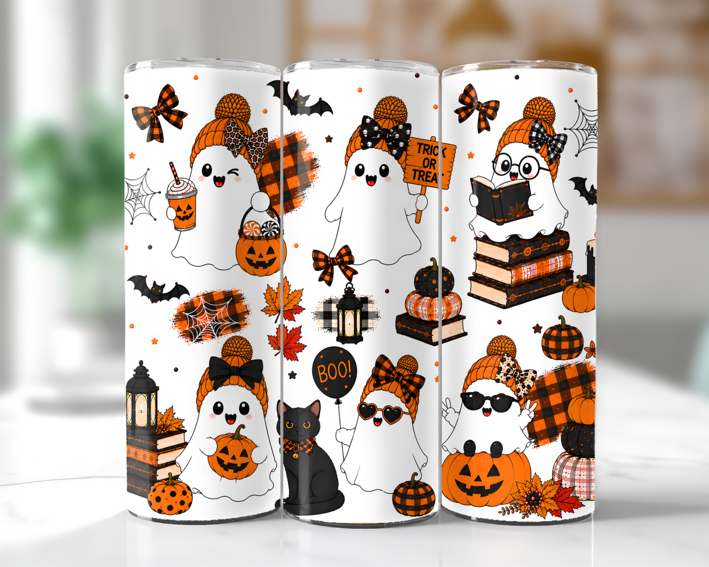 Halloween Reading Ghosts 20 oz stainless steel tumbler wrap mockup
