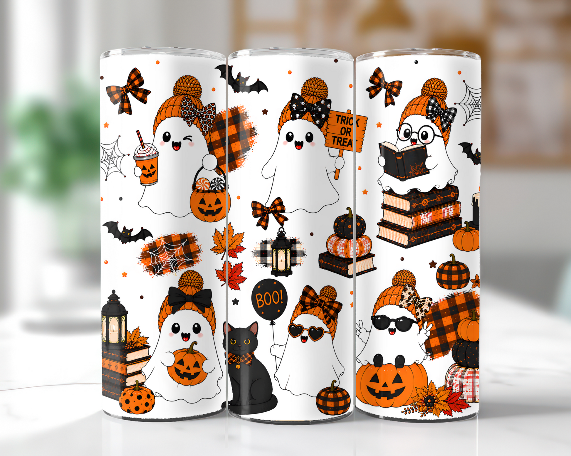 Halloween Reading Ghosts 20 oz stainless steel tumbler wrap mockup