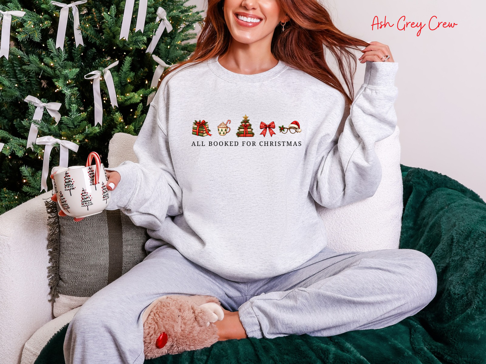 All Booked for Christmas ash Gildan crewneck