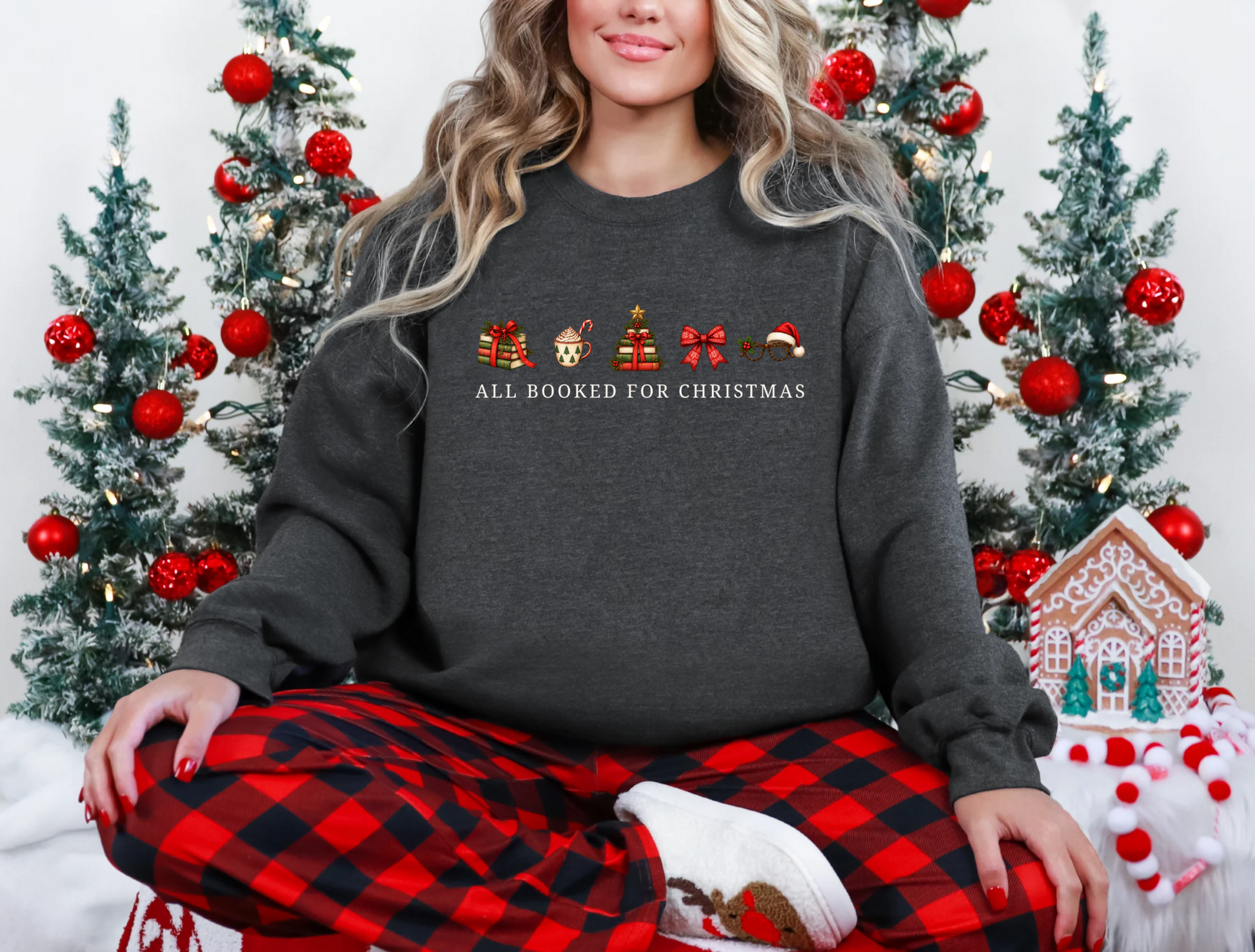 All Booked for Christmas dark charcoal Gildan crewneck