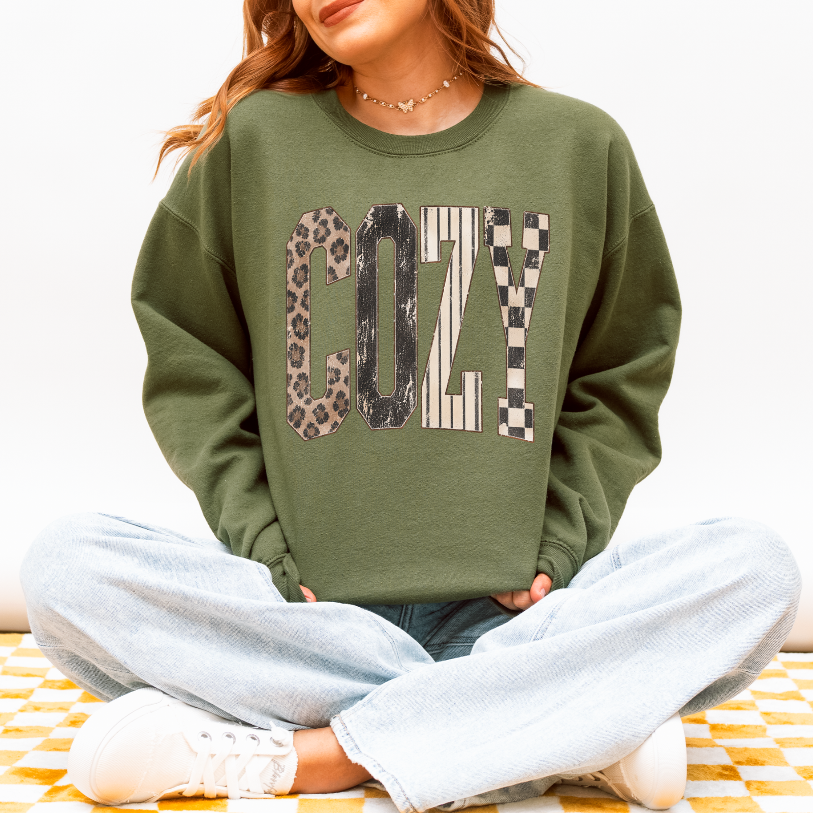 COZY patterned lettering Military Green Gildan crewneck