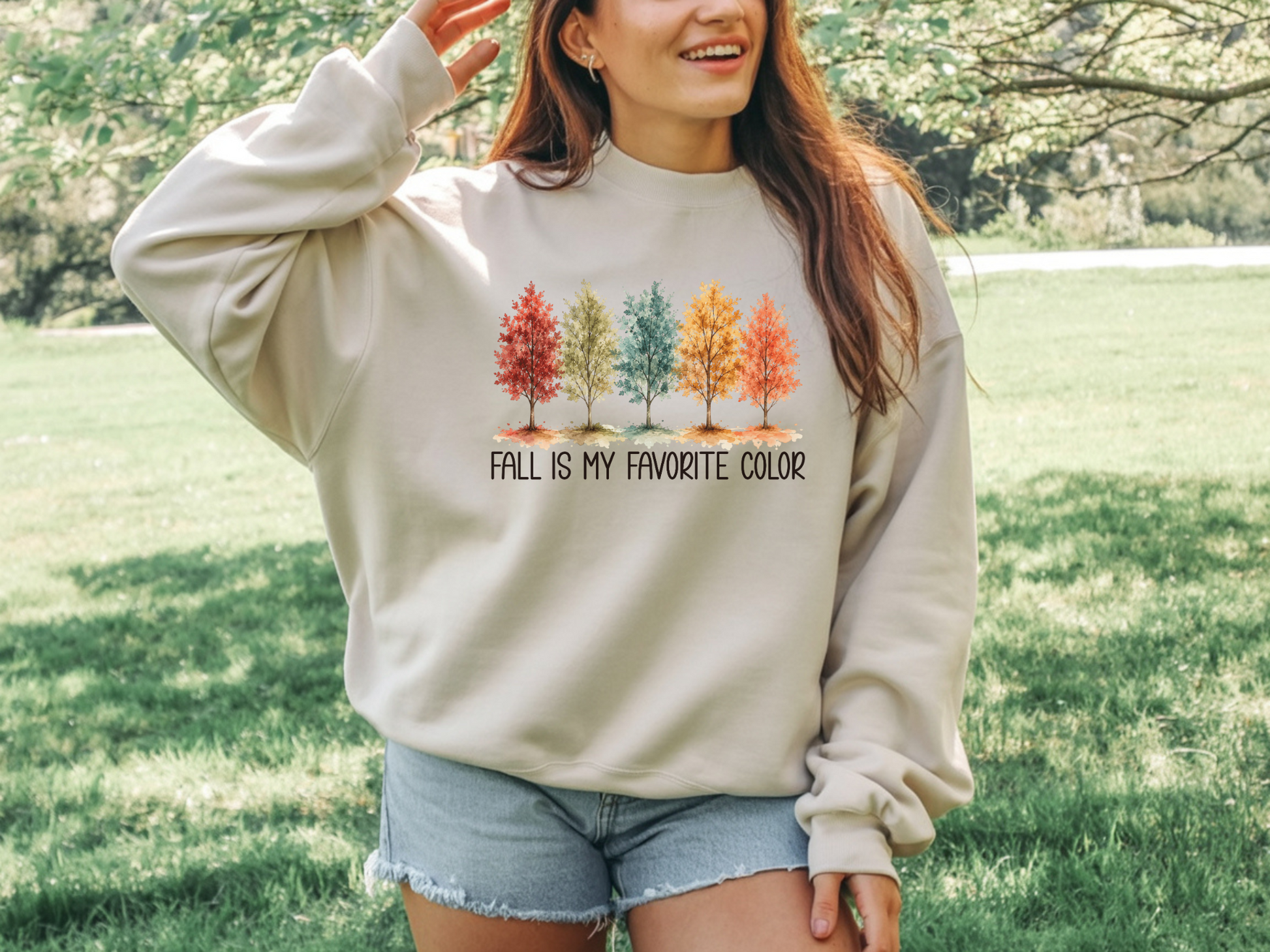 Gildan Sand crewneck with Fall Is My Favorite Color watercolor trees graphic