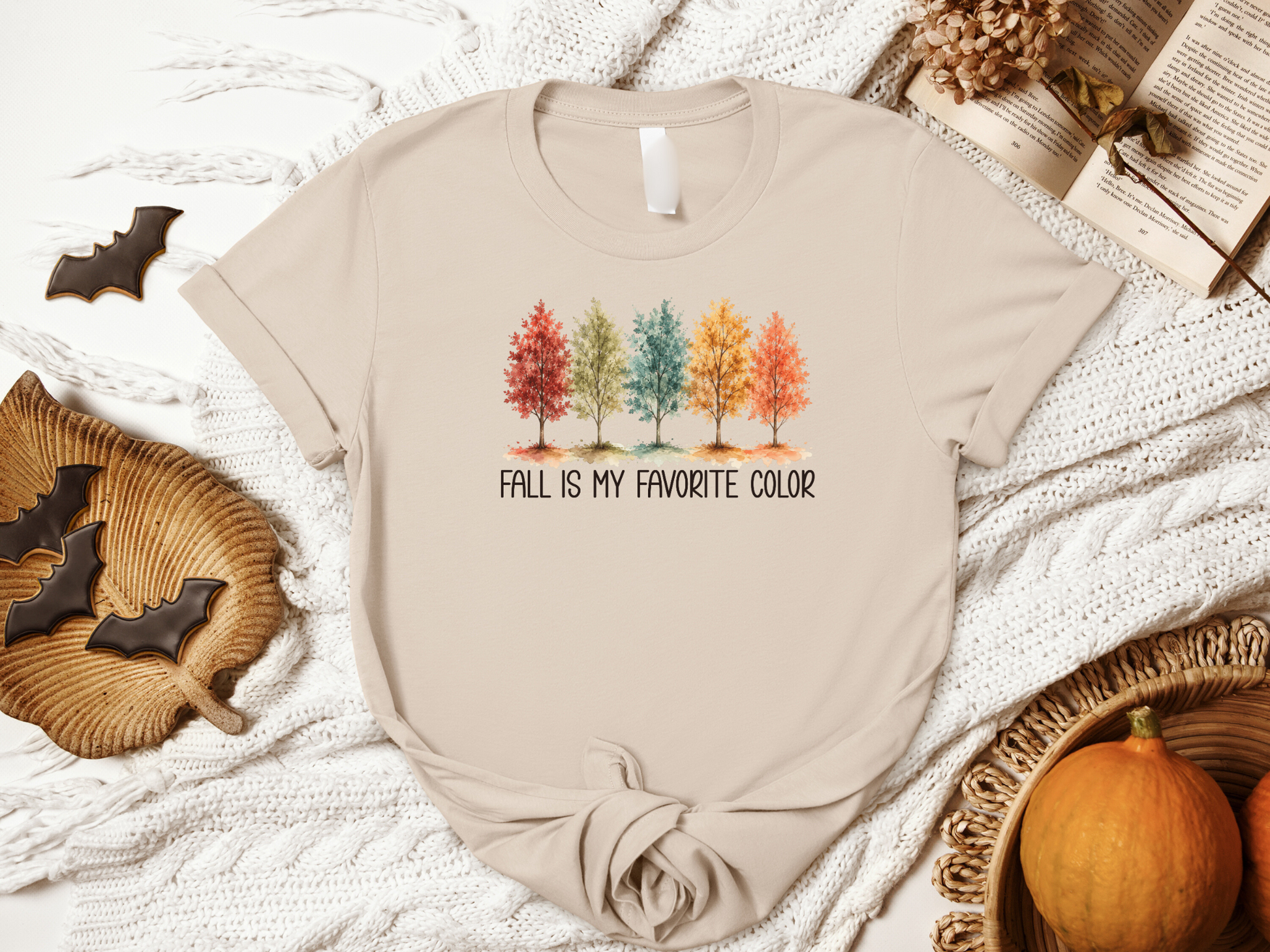 Gildan Sand tee with Fall Is My Favorite Color watercolor trees graphic