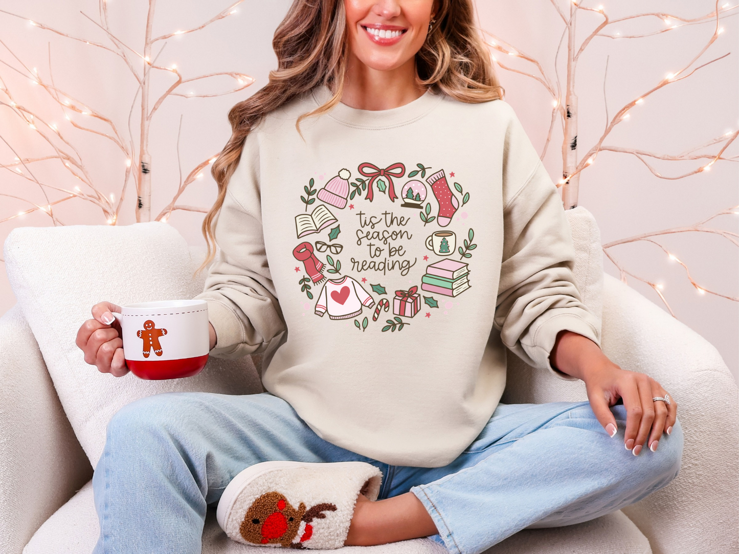 Tis the Season to Be Reading Gildan sublimation crewneck mockup