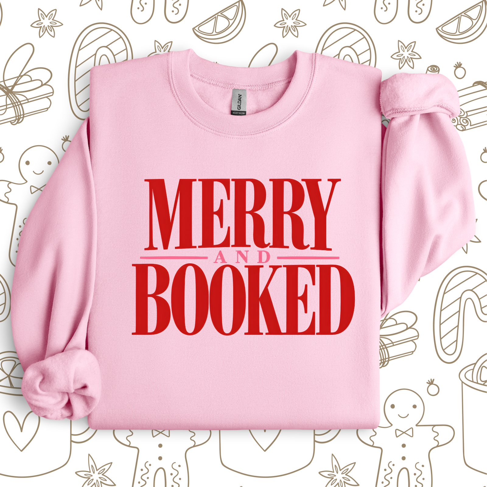 Merry and Booked Gildan sublimation crewneck mockup