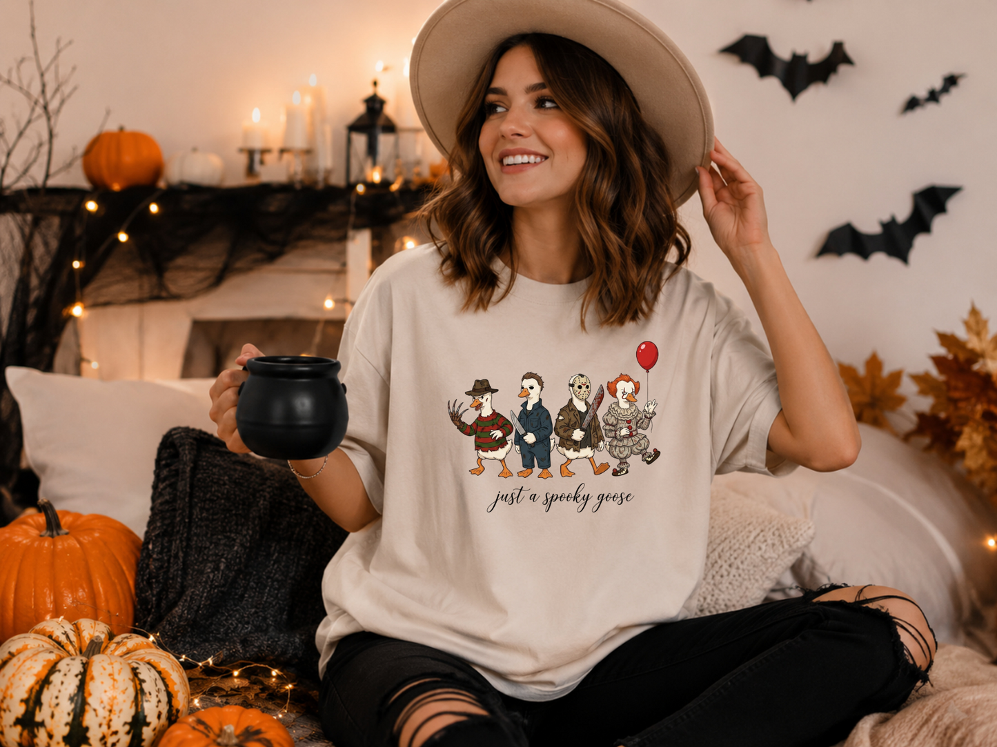 Comfort Colors Ivory tee with Just a Spooky Goose Halloween graphic