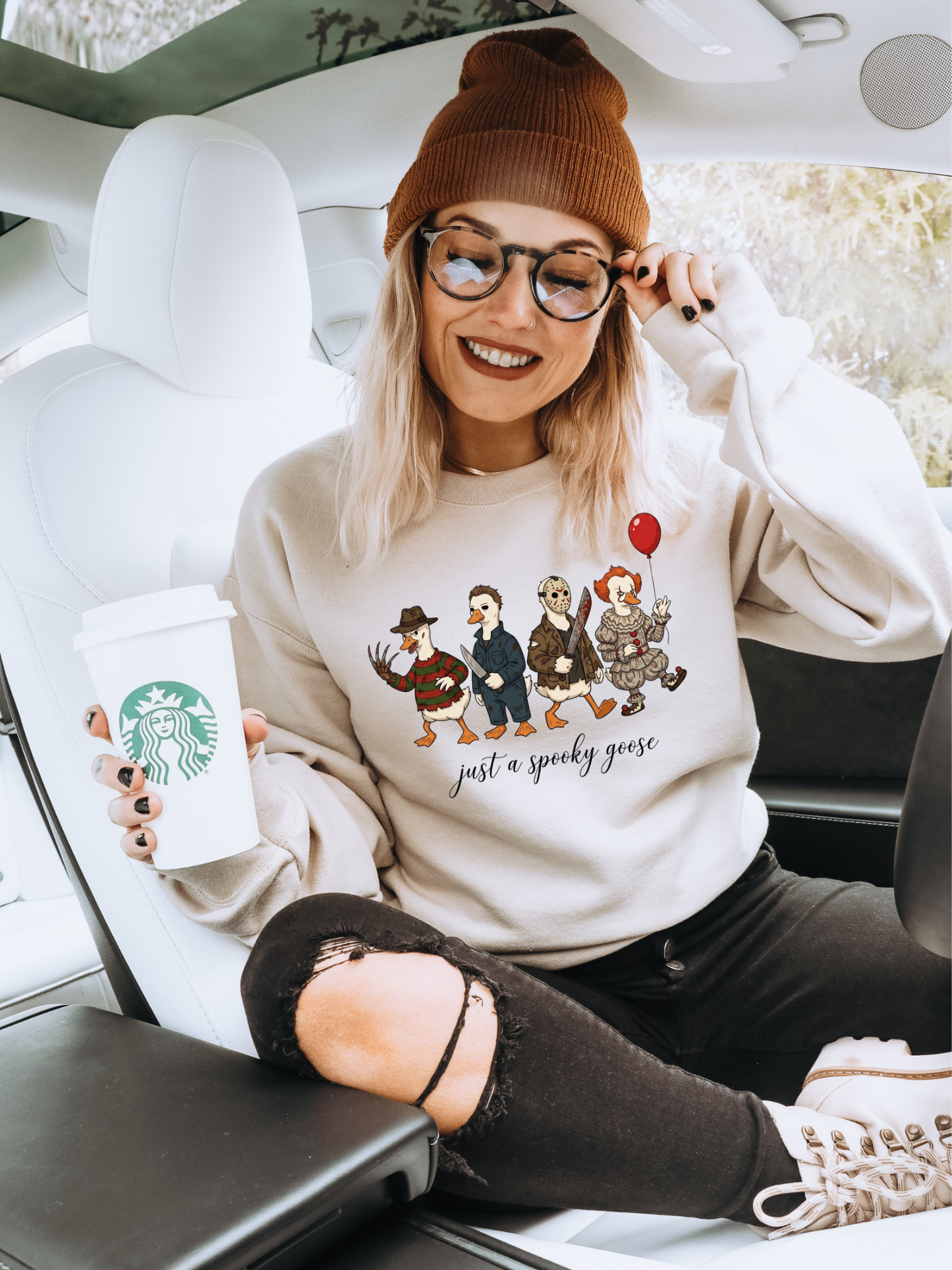 Gildan Ash crewneck with Just a Spooky Goose Halloween graphic