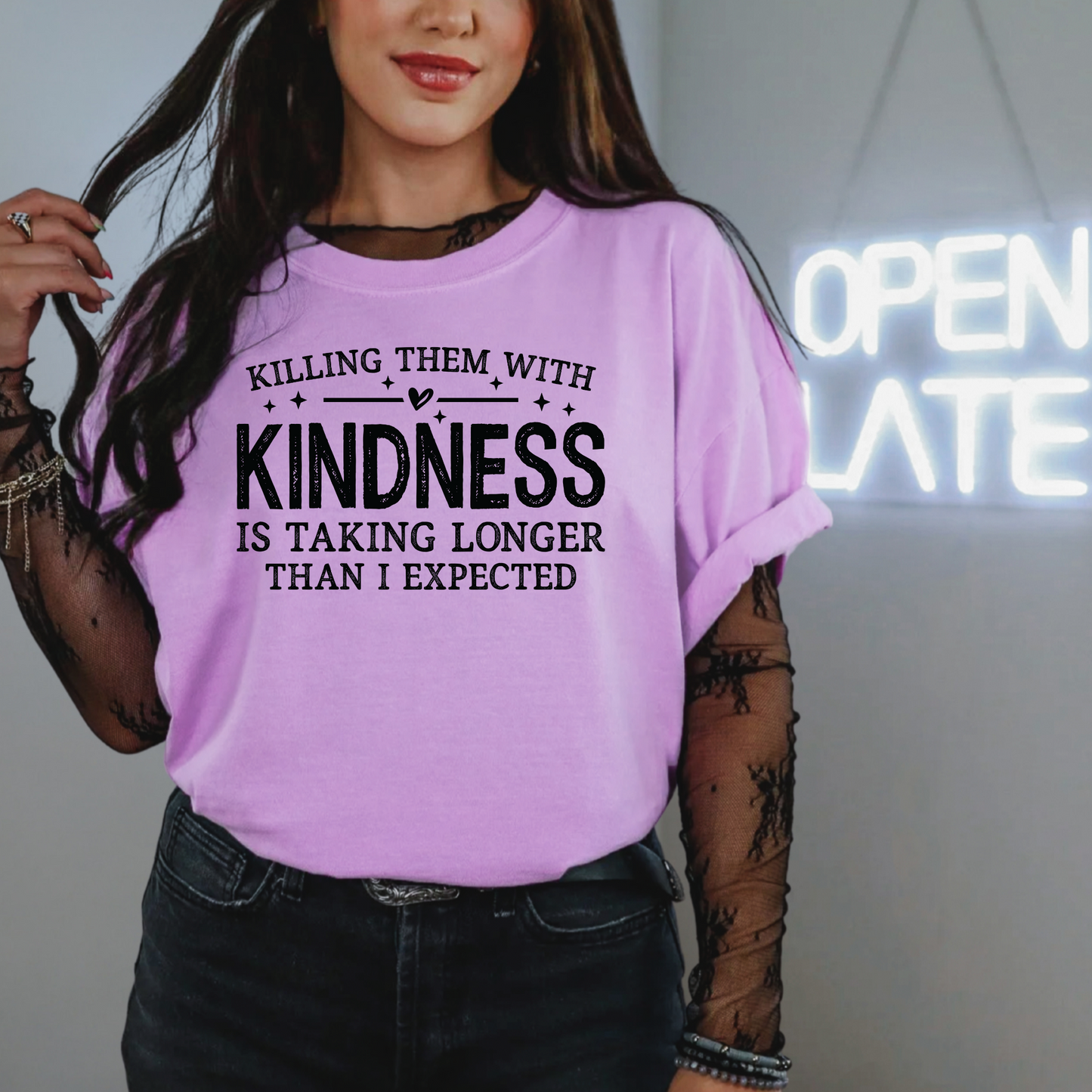 Comfort Colors Neon Violet tee with Killing Them With Kindness graphic