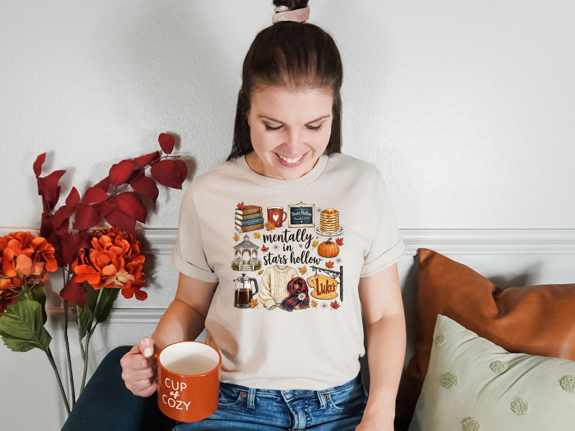 Ivory Comfort Colors tee with Mentally in Stars Hollow fall graphic