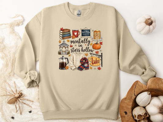 Sand Gildan crewneck with Mentally in Stars Hollow fall graphic