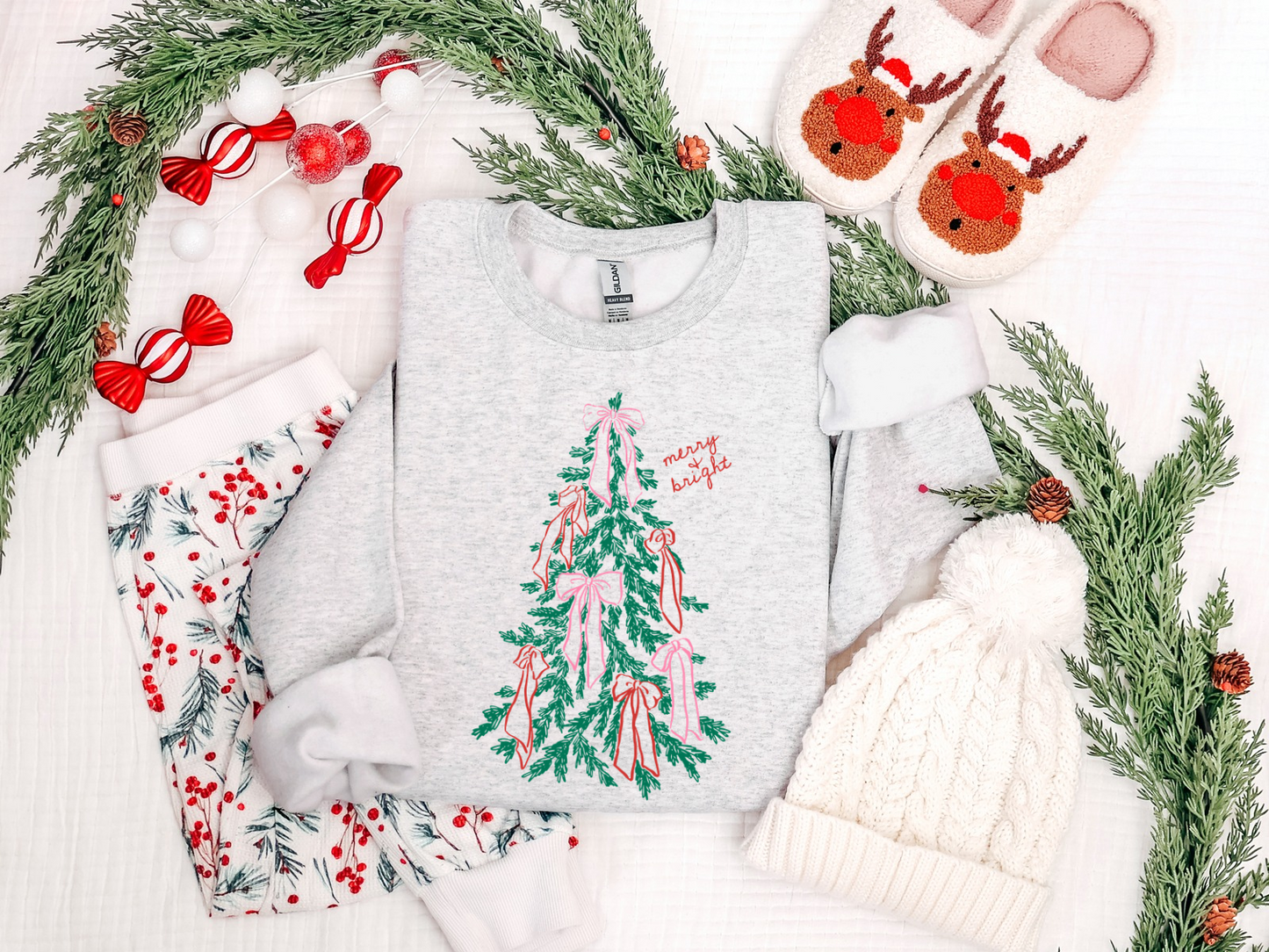 Merry and Bright Christmas tree with pink and red bows on an ash Gildan crewneck