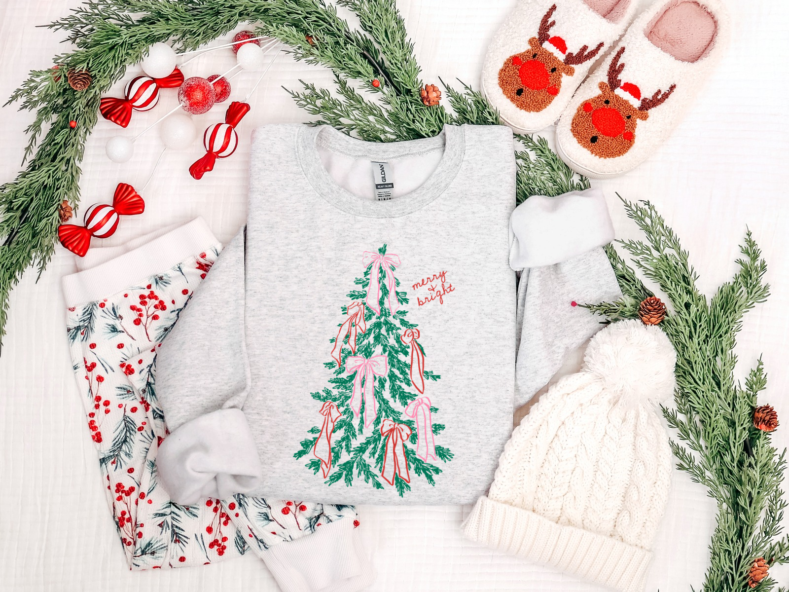 Merry and Bright Christmas tree with pink and red bows on an ash Gildan crewneck