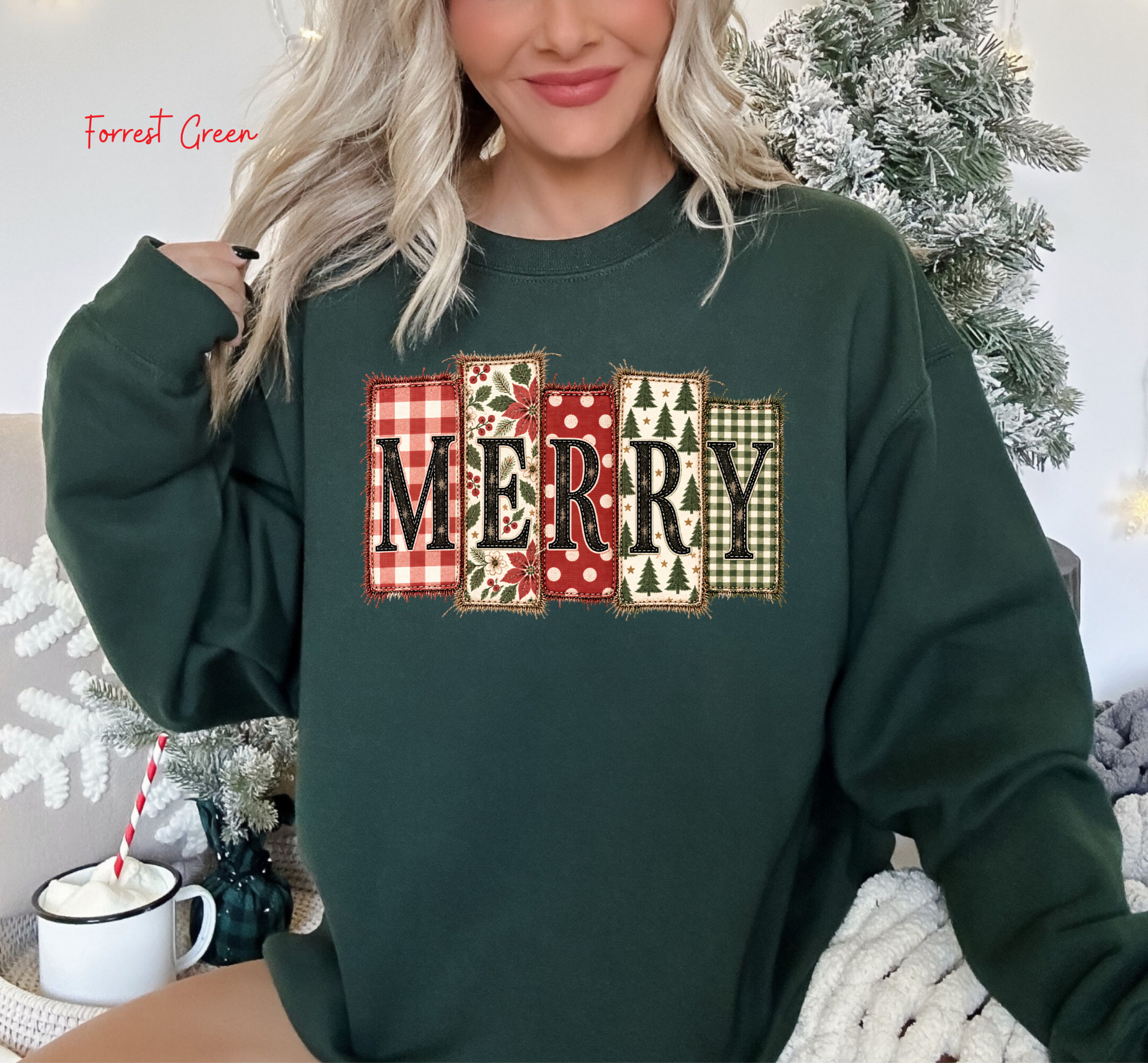Merry Christmas patchwork design on forest green Gildan crewneck