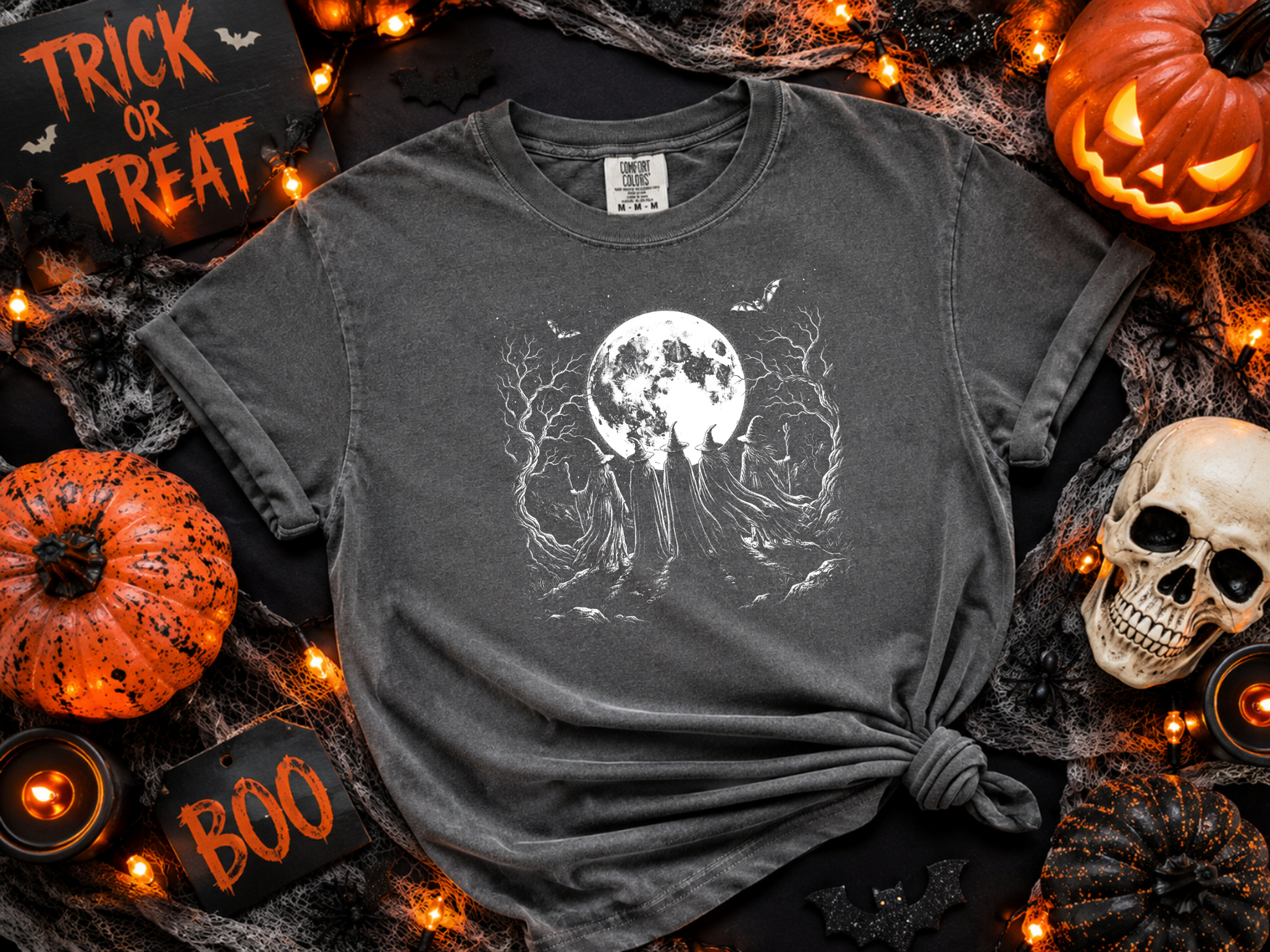 Comfort Colors Pepper tee with moonlit witches graphic