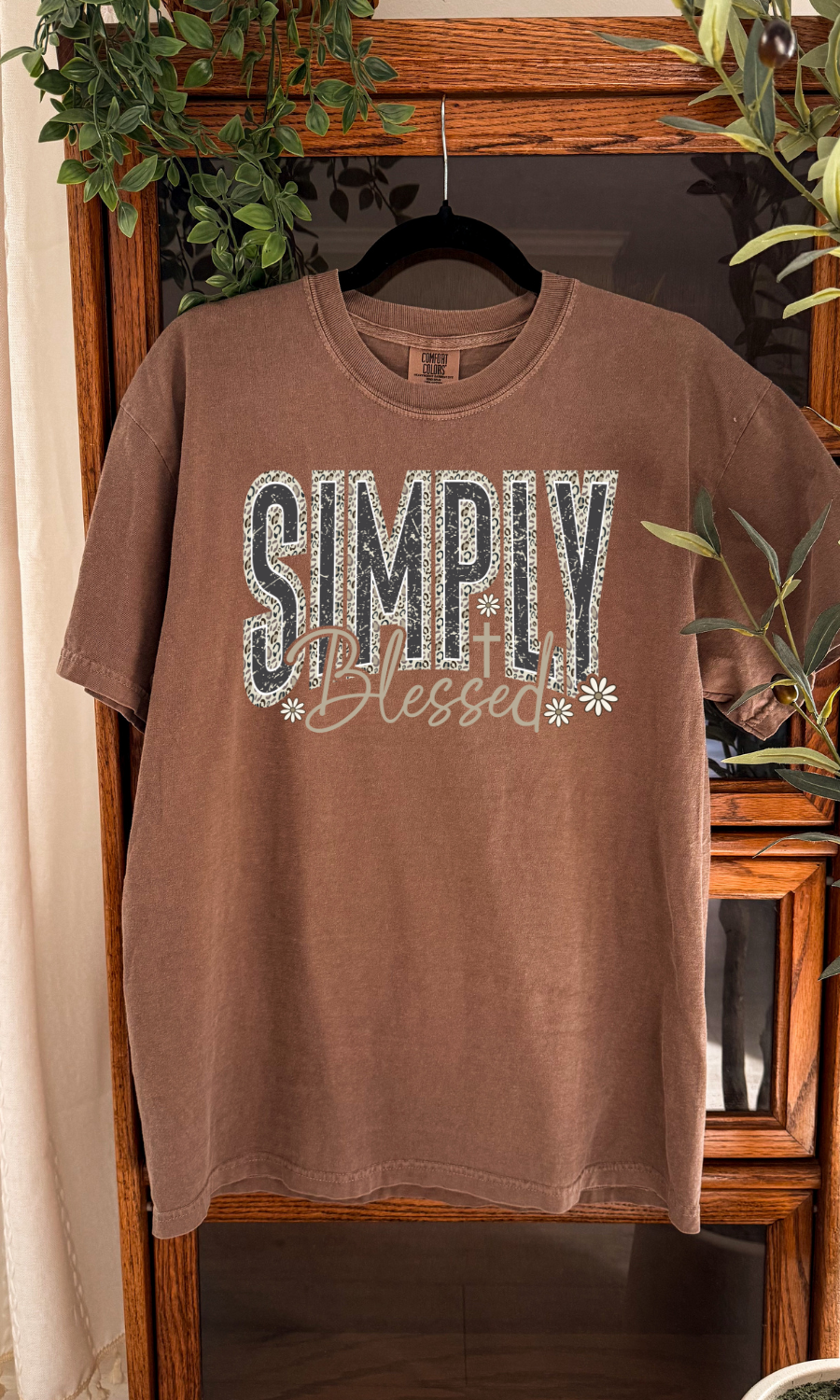 Comfort Colors Espresso tee with Simply Blessed leopard and floral graphic