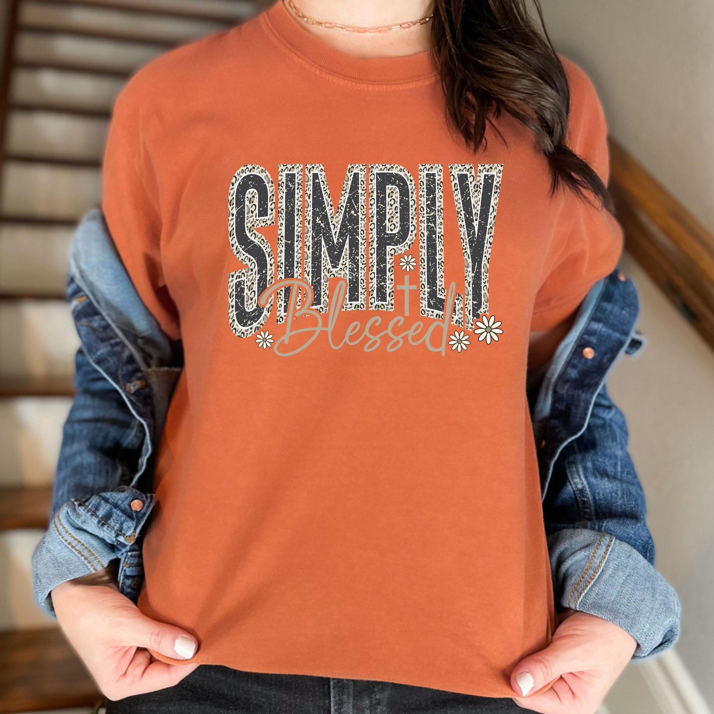 Comfort Colors Yam tee with Simply Blessed leopard and floral graphic