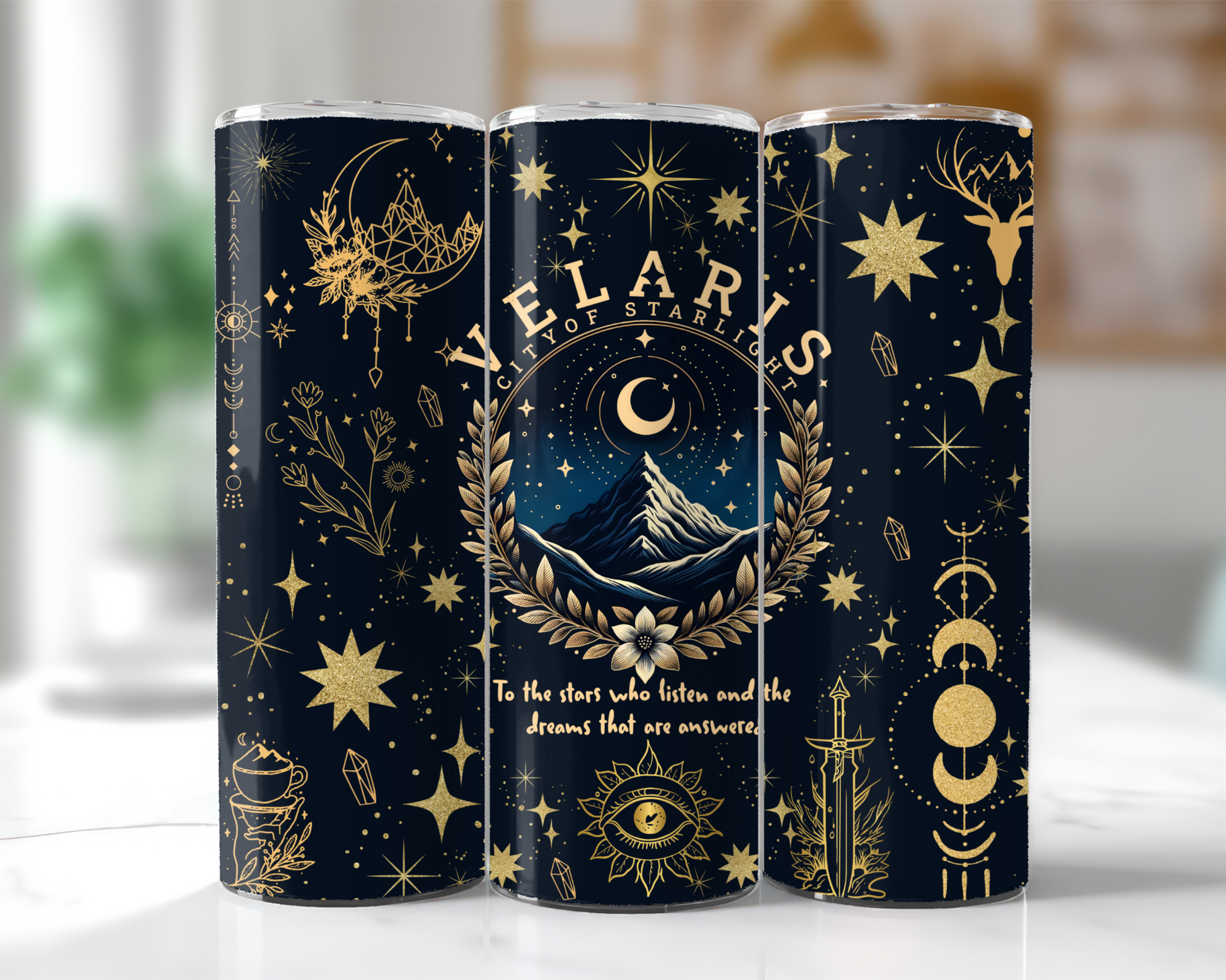 Velaris Celestial Gold & Navy 20oz Tumbler wraparound design views