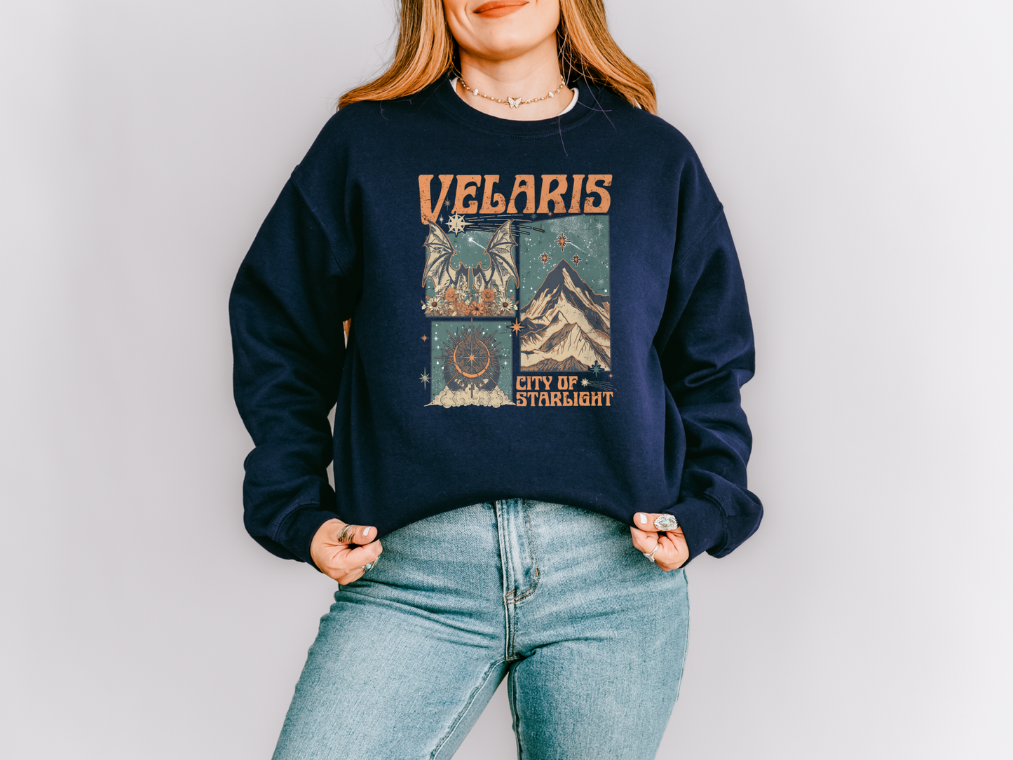 Velaris City of Starlight navy Gildan crewneck with wings, mountains, flowers, and stars