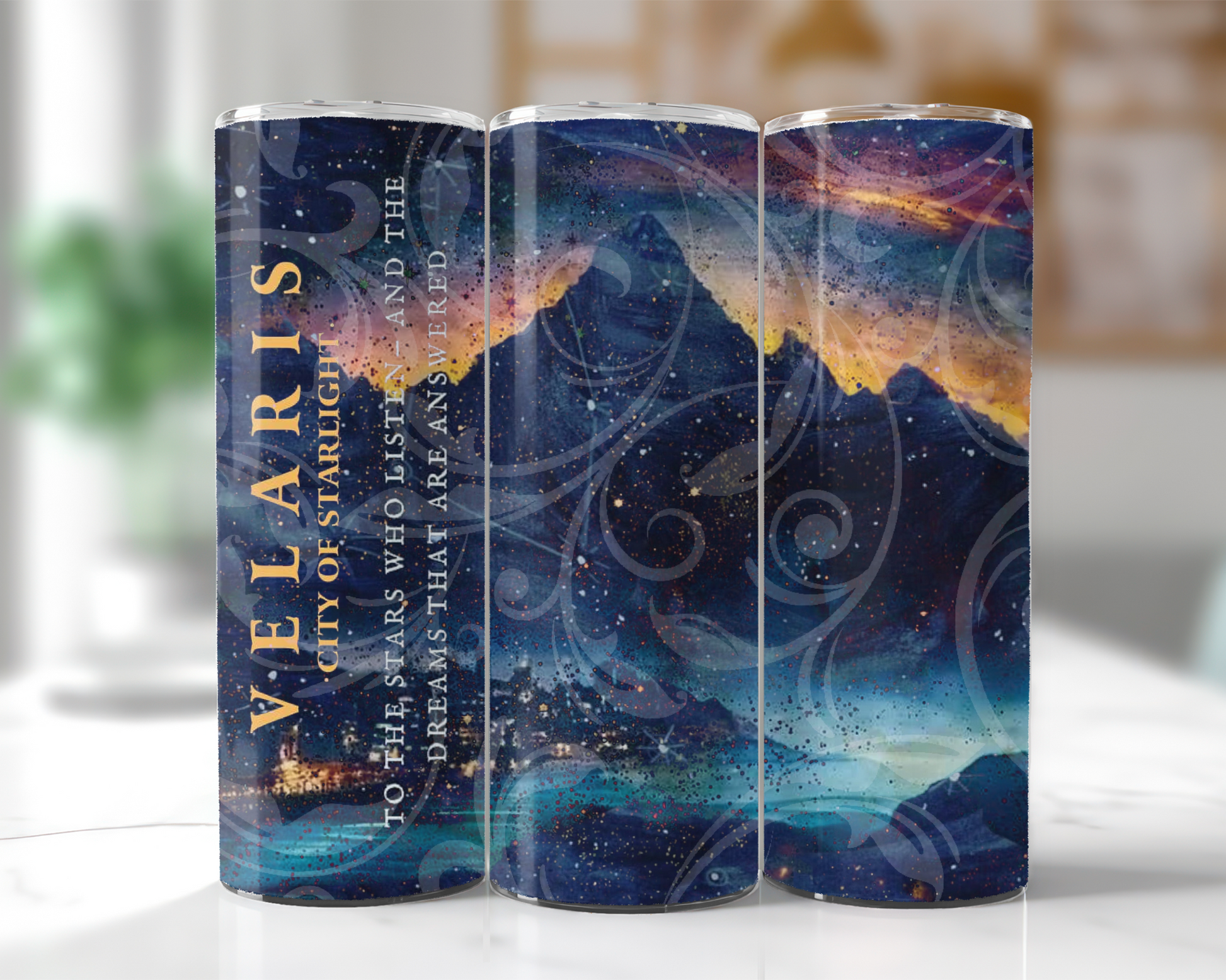 Velaris Starlight Mountain 20oz Tumbler wraparound design views