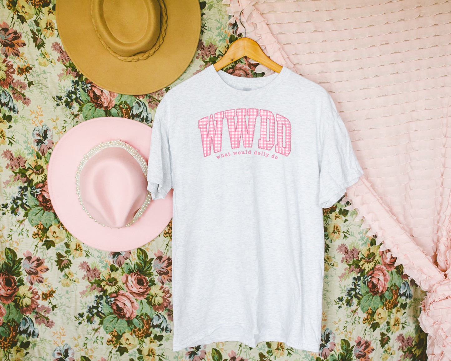Gildan Ash tee with pink gingham WWDD What Would Dolly Do graphic